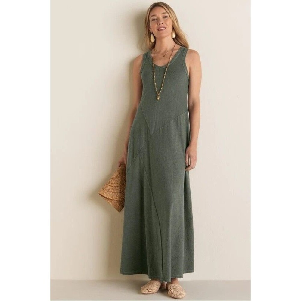 Soft Surroundings Green Bailey Scoop Neck A-Line Maxi Dress XL Textured Boho